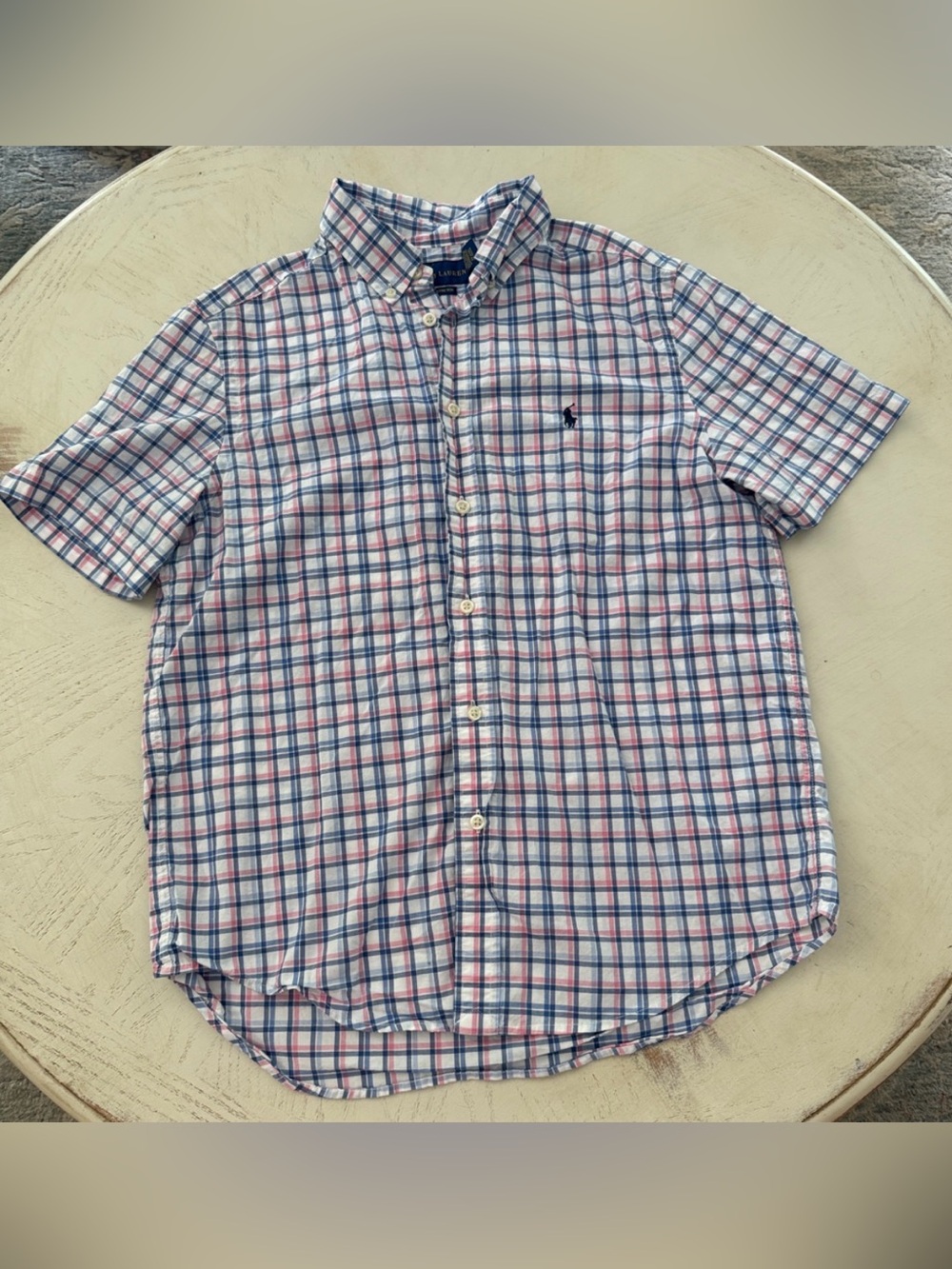 Boys Ralph Lauren Pink Blue Plaid Dress Shirt Sz Large 12/14